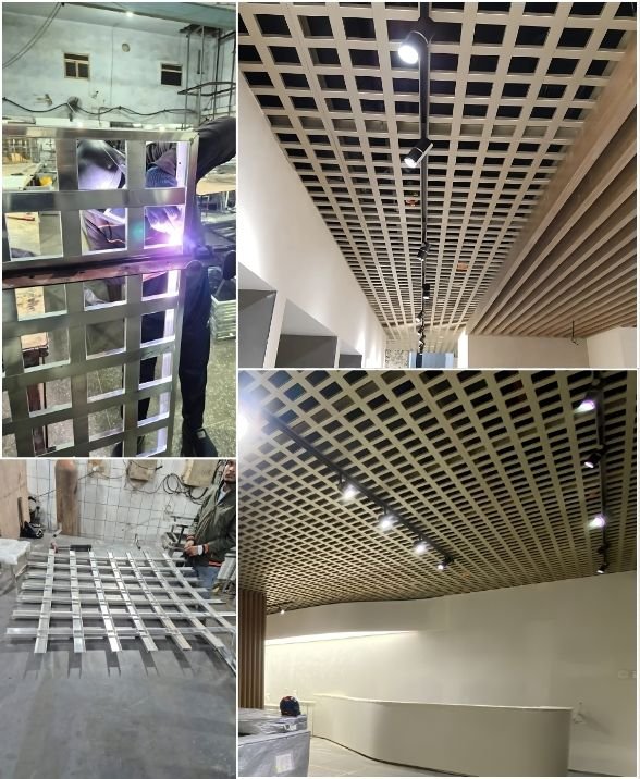 Aluminium ceiling grid system installation in commercial interior
