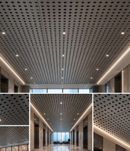 Perforated metal ceiling panels with architectural lighting