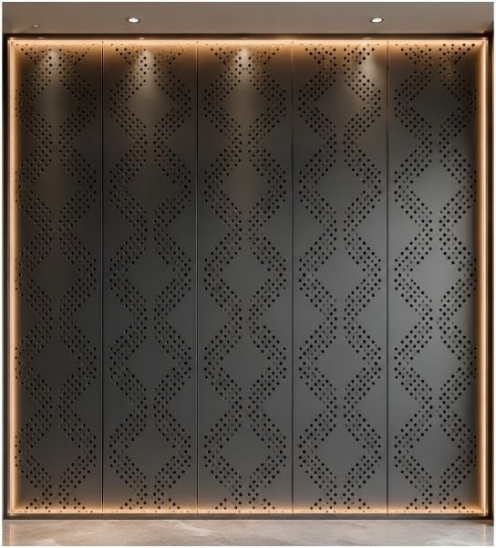 Laser cut perforated decorative facade panel installed with backlighting
