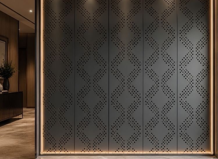 Metal Craft Studio backlit perforated stainless steel wall panel, luxury interior metalwork