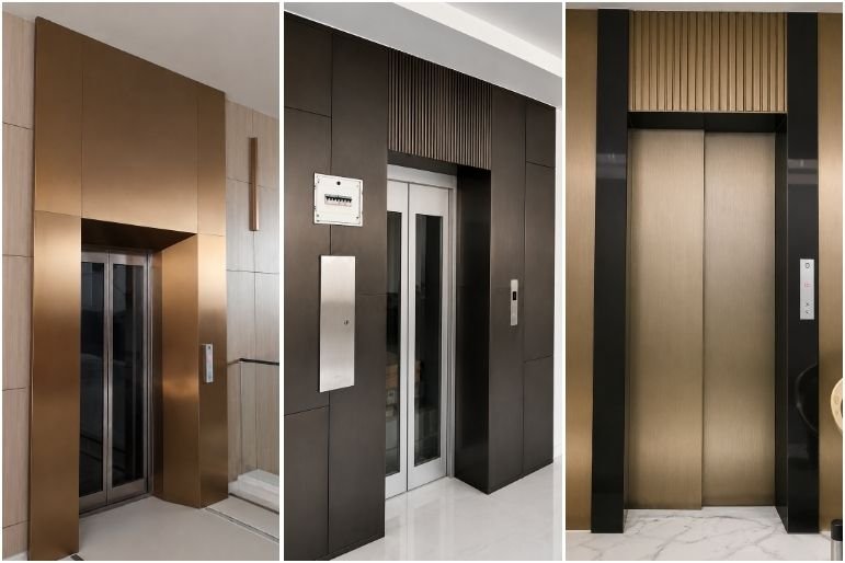 Bronze metallic lift and elevator entrance cladding