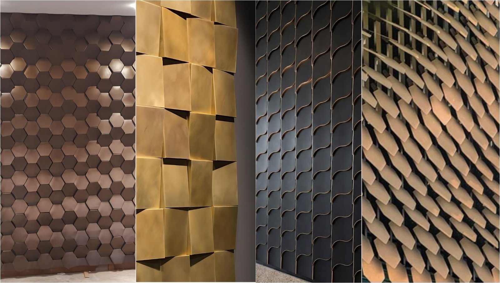 Geometric metal shingle wall cladding in hexagon and gold finishes