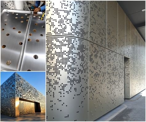 Perforated stainless steel facade panel with hexagonal cut pattern