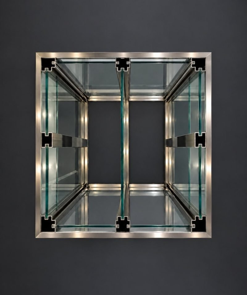 Stainless steel glass housing profiles holding glass panels in a square frame, seen end-on