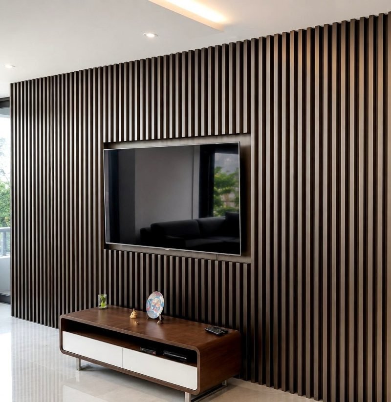 Illustration: dark fluted metal slat wall around a recessed TV panel in a living room